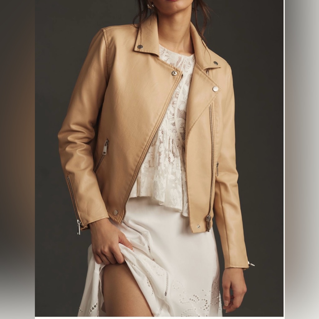 Anthropologie The Saige Faux-Leather Moto Jacket Zipped-Sleeve Detail Pockets M